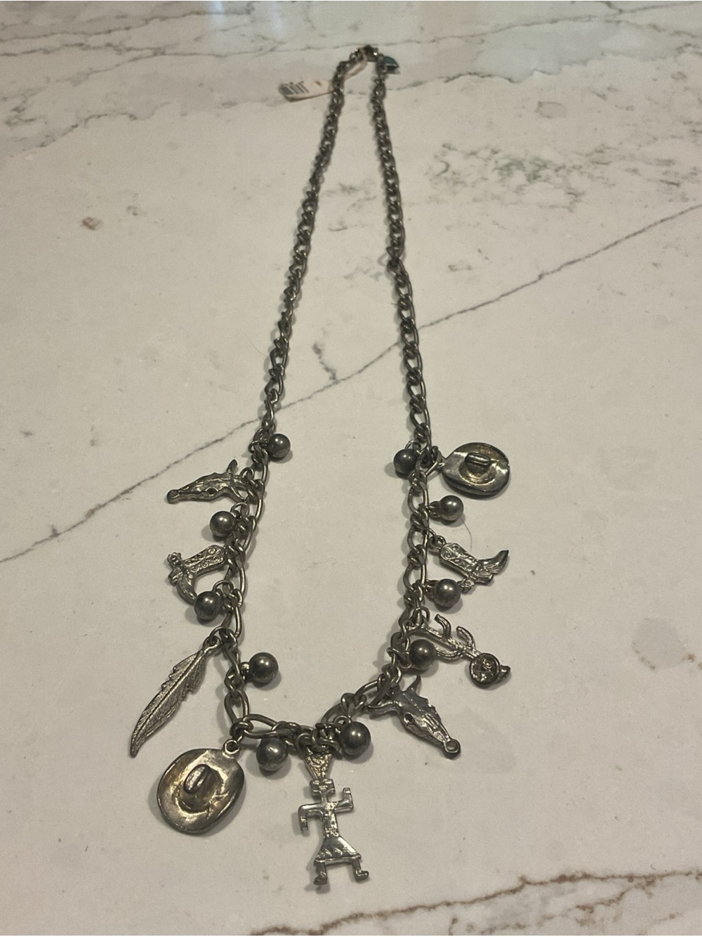 Vintage Silver-Tone Western Charm Necklace NWT Korea 12”